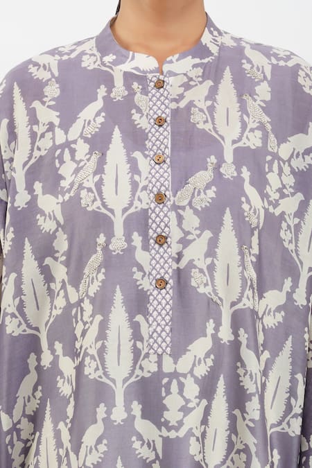 Buy_Diva By Sangeeta Ranka_Purple Organza, Chanderi, Linen Mandarin Collar Botanical Print Kurta Set _Online_at_Aza_Fashions