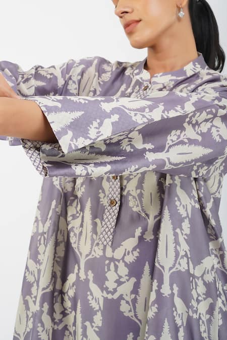 Shop_Diva By Sangeeta Ranka_Purple Organza, Chanderi, Linen Mandarin Collar Botanical Print Kurta Set _Online_at_Aza_Fashions