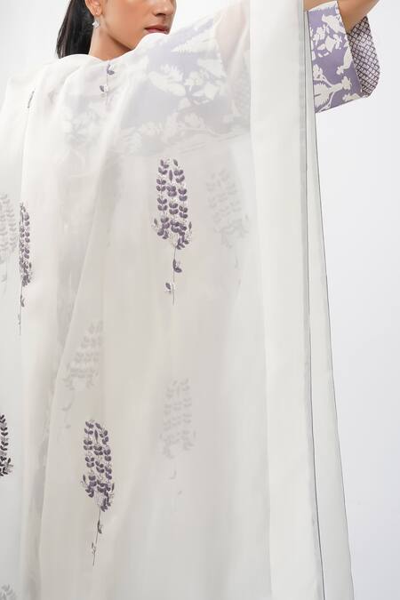 Buy_Diva By Sangeeta Ranka_Purple Organza, Chanderi, Linen Mandarin Collar Botanical Print Kurta Set 