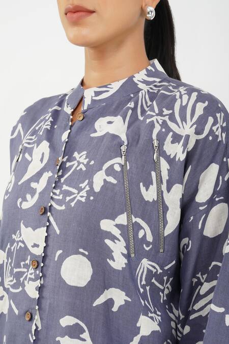 Diva By Sangeeta Ranka Purple Linen Mandarin Collar Abstract Print Dress Online at Aza Fashions Diva By Sangeeta Ranka_Purple Linen Mandarin Collar Abstract Print Dress _Online_at_Aza_Fashions