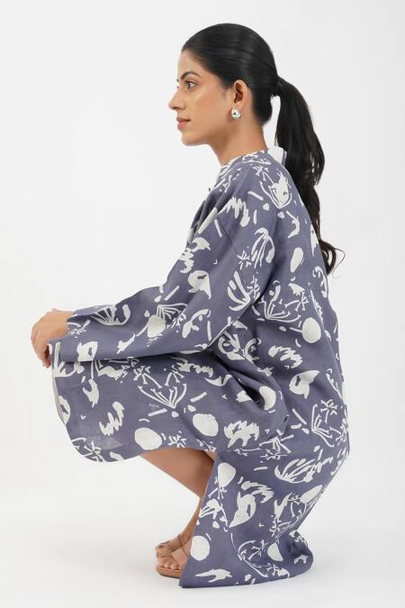 Buy Diva By Sangeeta Ranka Purple Linen Mandarin Collar Abstract Print Dress Online at Aza Fashions Buy_Diva By Sangeeta Ranka_Purple Linen Mandarin Collar Abstract Print Dress _Online_at_Aza_Fashions