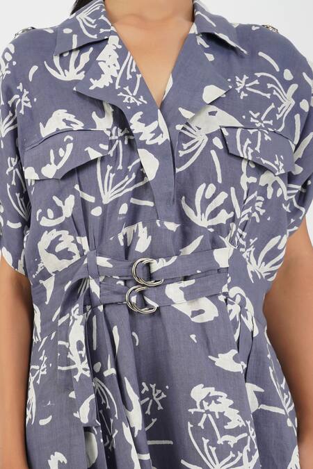 Buy_Diva By Sangeeta Ranka_Purple Linen Embroidery Collared Abstract Floral Print Dress _Online_at_Aza_Fashions