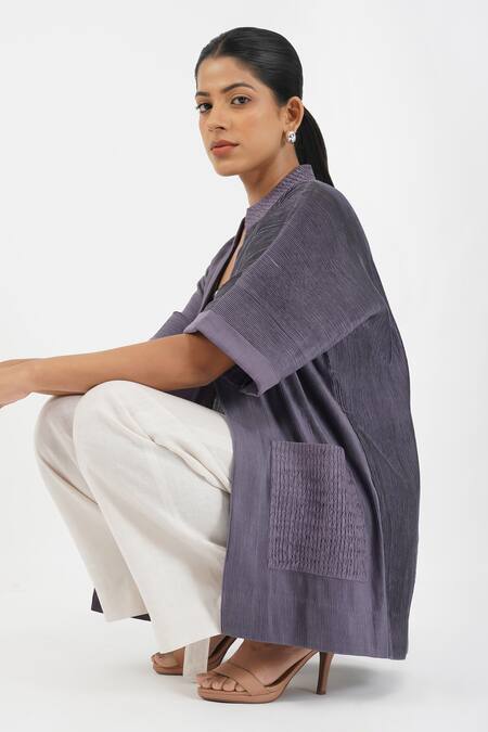 Buy_Diva By Sangeeta Ranka_Purple Chanderi Mandarin Collar Textured Jacket _Online_at_Aza_Fashions