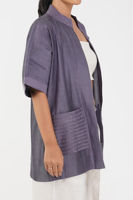 Shop_Diva By Sangeeta Ranka_Purple Chanderi Mandarin Collar Textured Jacket _Online_at_Aza_Fashions