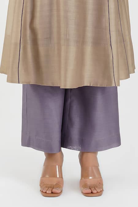 Buy_Diva By Sangeeta Ranka_Brown Silk, Chanderi Embroidery Mandarin Collar Zardozi Kurta Trouser Set _Online_at_Aza_Fashions