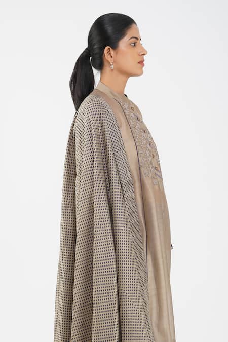 Diva By Sangeeta Ranka_Brown Silk, Chanderi Embroidery Mandarin Collar Zardozi Kurta Trouser Set _at_Aza_Fashions