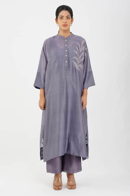 Buy Diva By Sangeeta Ranka Purple Chanderi, Linen Embroidery, Applique Mandarin Collar Leaf Kurta Set Online at Aza Fashions Buy_Diva By Sangeeta Ranka_Purple Chanderi, Linen Embroidery, Applique Mandarin Collar Leaf Kurta Set _Online_at_Aza_Fashions