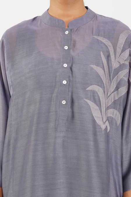 Shop Diva By Sangeeta Ranka Purple Chanderi, Linen Embroidery, Applique Mandarin Collar Leaf Kurta Set Online at Aza Fashions Shop_Diva By Sangeeta Ranka_Purple Chanderi, Linen Embroidery, Applique Mandarin Collar Leaf Kurta Set _Online_at_Aza_Fashions