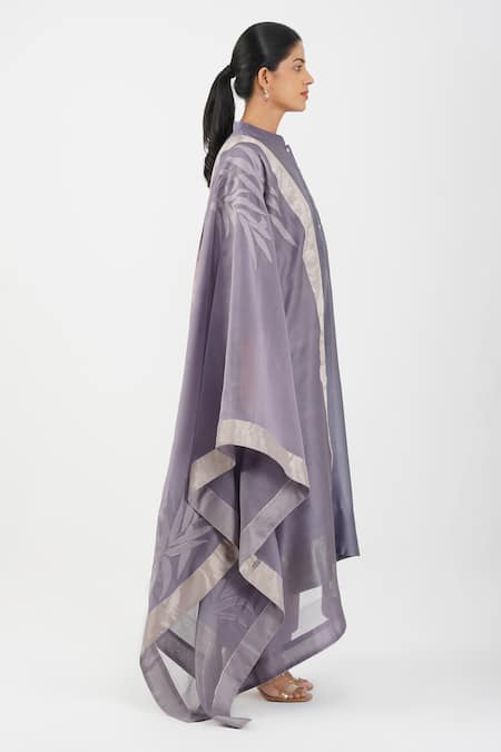 Diva By Sangeeta Ranka Purple Chanderi, Linen Embroidery, Applique Mandarin Collar Leaf Kurta Set at Aza Fashions Diva By Sangeeta Ranka_Purple Chanderi, Linen Embroidery, Applique Mandarin Collar Leaf Kurta Set _at_Aza_Fashions