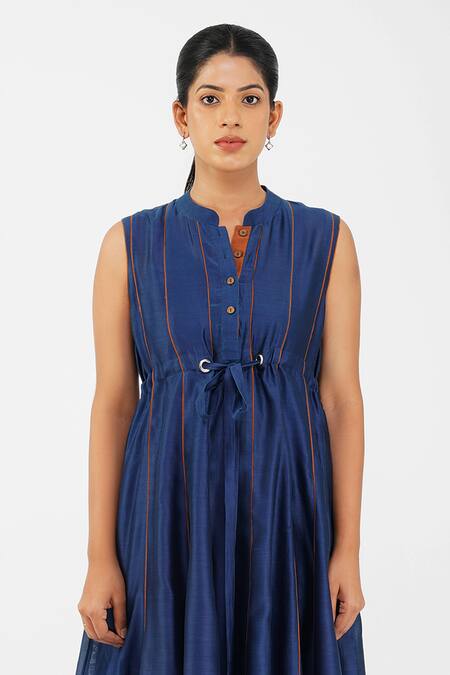 Diva By Sangeeta Ranka_Blue Chanderi, Cotton Mandarin Collar Panelled Dress _Online_at_Aza_Fashions