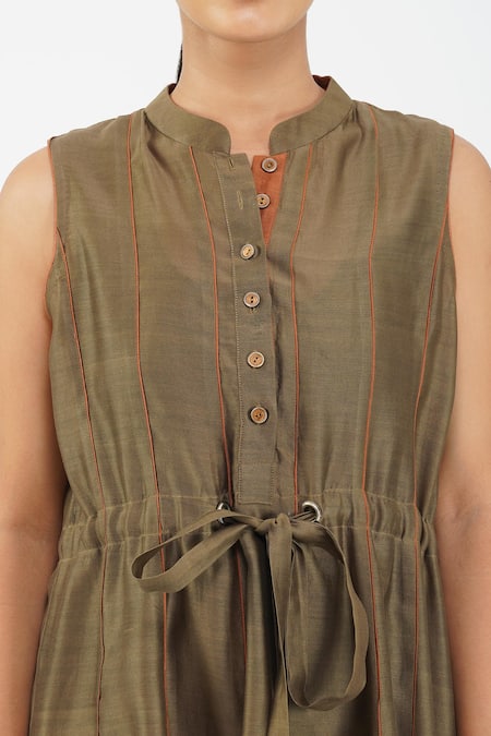 Buy_Diva By Sangeeta Ranka_Green Chanderi, Muslin Mandarin Collar Panelled Sleeveless Dress _Online_at_Aza_Fashions