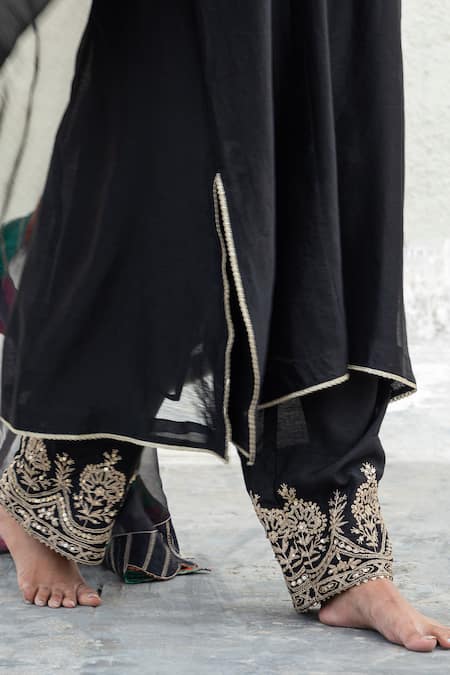Pants And Pajamas_Black Chanderi, Cotton, Silk Sequins, Embroidery Floral Yoke Kurta With Pant _Online_at_Aza_Fashions
