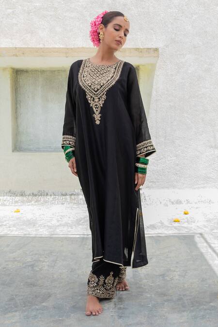 Buy_Pants And Pajamas_Black Chanderi, Cotton, Silk Sequins, Embroidery Floral Yoke Kurta With Pant _Online_at_Aza_Fashions