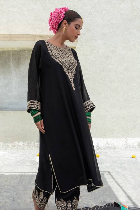 Shop_Pants And Pajamas_Black Chanderi, Cotton, Silk Sequins, Embroidery Floral Yoke Kurta With Pant _Online_at_Aza_Fashions