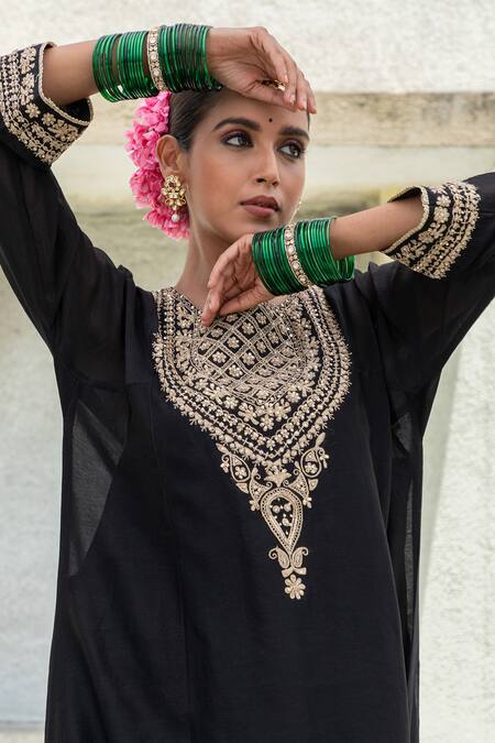 Pants And Pajamas_Black Chanderi, Cotton, Silk Sequins, Embroidery Floral Yoke Kurta With Pant _at_Aza_Fashions