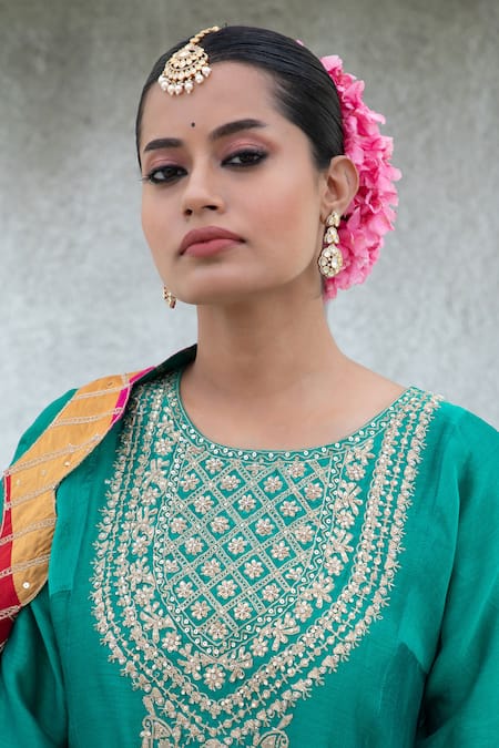 Pants And Pajamas Green Chanderi, Cotton, Silk Sequins, Embroidery Flower Yoke Kurta With Pant Online at Aza Fashions Pants And Pajamas_Green Chanderi, Cotton, Silk Sequins, Embroidery Flower Yoke Kurta With Pant _Online_at_Aza_Fashions