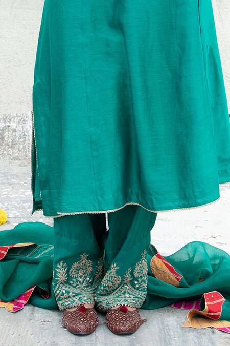 Buy Pants And Pajamas Green Chanderi, Cotton, Silk Sequins, Embroidery Flower Yoke Kurta With Pant Online at Aza Fashions Buy_Pants And Pajamas_Green Chanderi, Cotton, Silk Sequins, Embroidery Flower Yoke Kurta With Pant _Online_at_Aza_Fashions