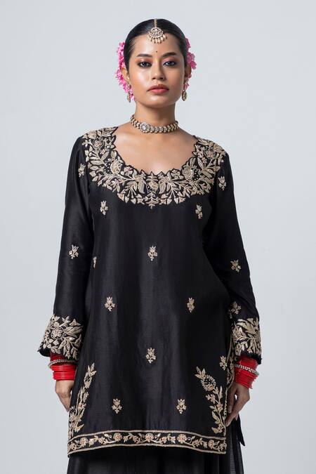 Pants And Pajamas Black Silk, Chanderi Sequins, Embroidery Round Neck Floral Kurta With Sharara Online at Aza Fashions Pants And Pajamas_Black Silk, Chanderi Sequins, Embroidery Round Neck Floral Kurta With Sharara _Online_at_Aza_Fashions
