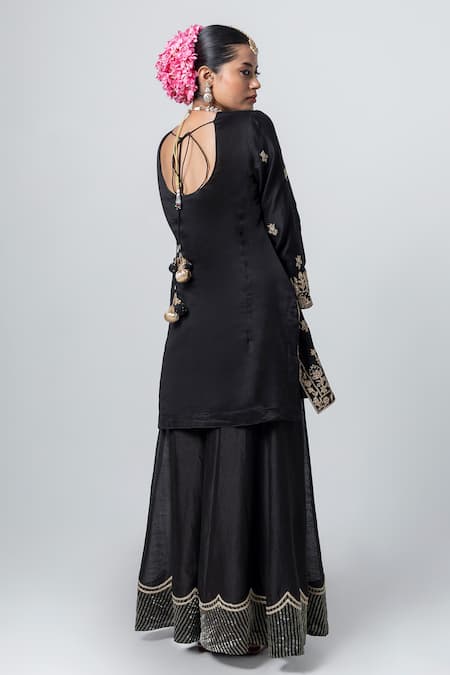 Shop Pants And Pajamas Black Silk, Chanderi Sequins, Embroidery Round Neck Floral Kurta With Sharara at Aza Fashions Shop_Pants And Pajamas_Black Silk, Chanderi Sequins, Embroidery Round Neck Floral Kurta With Sharara _at_Aza_Fashions