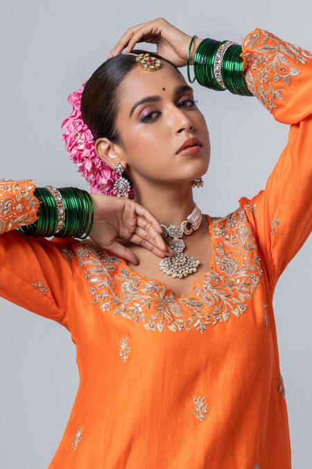 Pants And Pajamas_Orange , , Embroidery, Flower Kurta With Sharara _Online_at_Aza_Fashions