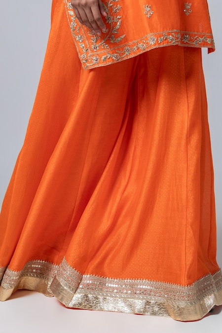 Buy_Pants And Pajamas_Orange , , Embroidery, Flower Kurta With Sharara _Online_at_Aza_Fashions