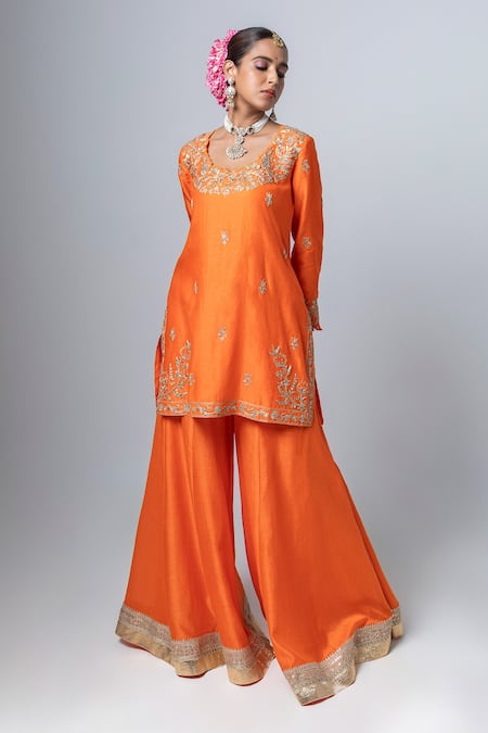 Pants and Pajamas Flower Embroidered Kurta With Sharara 