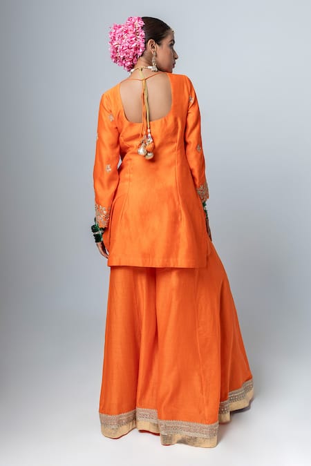 Shop_Pants And Pajamas_Orange , , Embroidery, Flower Kurta With Sharara _at_Aza_Fashions