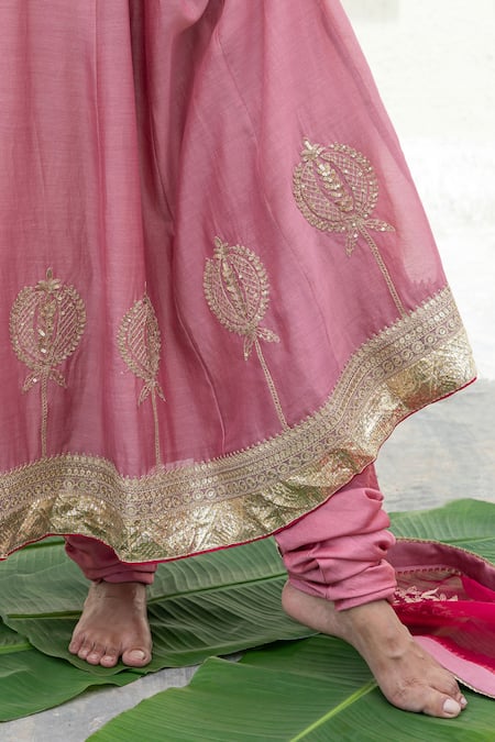 Pants And Pajamas Pink Silk, Chanderi Embroidery, Sequins Round Neck Anarkali With Churidar Online at Aza Fashions Pants And Pajamas_Pink Silk, Chanderi Embroidery, Sequins Round Neck Anarkali With Churidar _Online_at_Aza_Fashions
