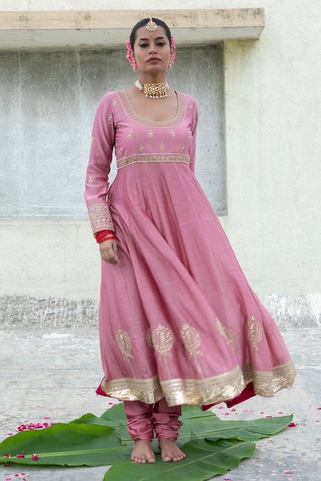 Buy Pants And Pajamas Pink Silk, Chanderi Embroidery, Sequins Round Neck Anarkali With Churidar Online at Aza Fashions Buy_Pants And Pajamas_Pink Silk, Chanderi Embroidery, Sequins Round Neck Anarkali With Churidar _Online_at_Aza_Fashions