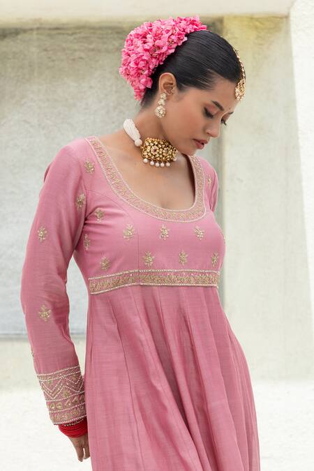 Shop Pants And Pajamas Pink Silk, Chanderi Embroidery, Sequins Round Neck Anarkali With Churidar Online at Aza Fashions Shop_Pants And Pajamas_Pink Silk, Chanderi Embroidery, Sequins Round Neck Anarkali With Churidar _Online_at_Aza_Fashions