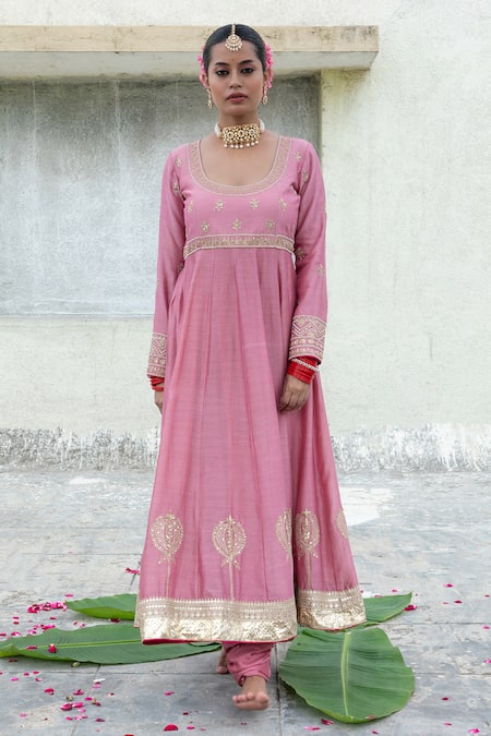 Pants and Pajamas Pink Embroidery Floral U Neck Silk Chanderi Anarkali With Churidar 