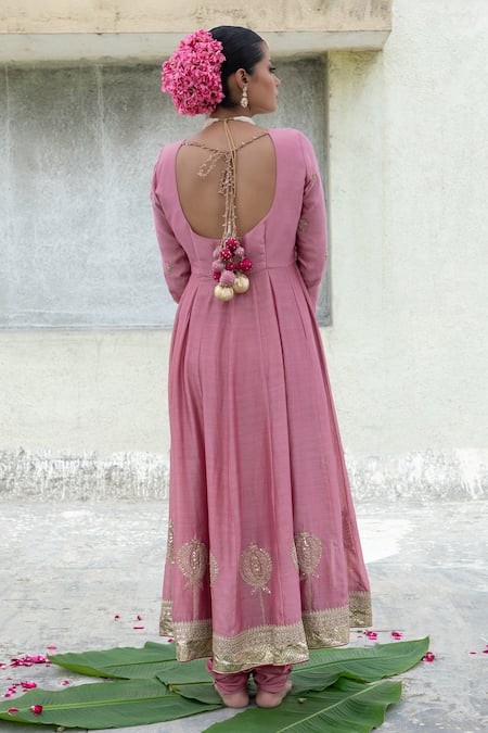 Shop Pants And Pajamas Pink Silk, Chanderi Embroidery, Sequins Round Neck Anarkali With Churidar at Aza Fashions Shop_Pants And Pajamas_Pink Silk, Chanderi Embroidery, Sequins Round Neck Anarkali With Churidar _at_Aza_Fashions