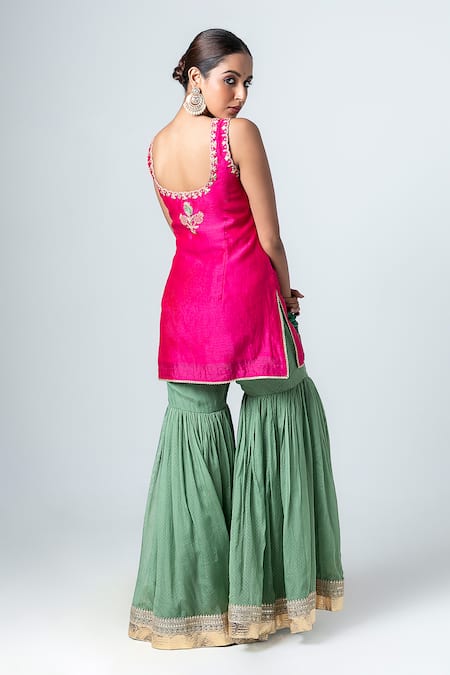 Shop_Pants And Pajamas_Pink Silk, Cotton Embroidery Scoop Neck Floral Butti Kurta With Sharara _at_Aza_Fashions