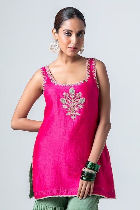 Pants And Pajamas_Pink Silk, Cotton Embroidery Scoop Neck Floral Butti Kurta With Sharara _Online_at_Aza_Fashions