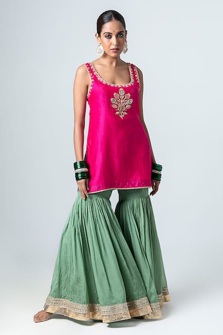 Buy_Pants And Pajamas_Pink Silk, Cotton Embroidery Scoop Neck Floral Butti Kurta With Sharara _Online_at_Aza_Fashions