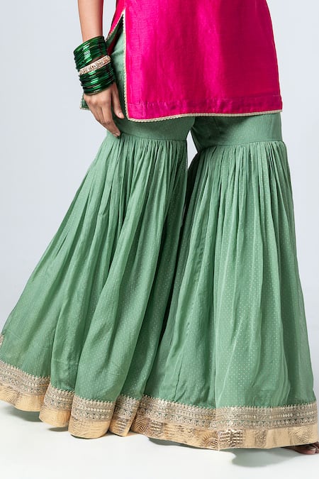 Shop_Pants And Pajamas_Pink Silk, Cotton Embroidery Scoop Neck Floral Butti Kurta With Sharara _Online_at_Aza_Fashions