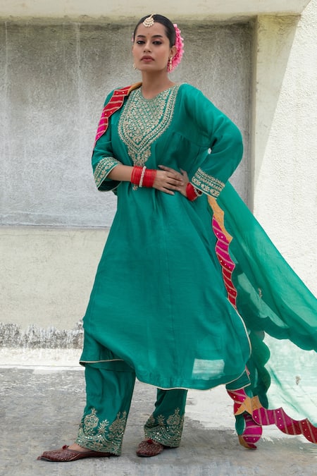 Buy Pants And Pajamas Green , Chanderi, Cotton, Organza Sequins, Flower Yoke Kurta Pant Set Online at Aza Fashions Buy_Pants And Pajamas_Green , Chanderi, Cotton, Organza Sequins, Flower Yoke Kurta Pant Set _Online_at_Aza_Fashions