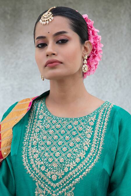 Shop Pants And Pajamas Green , Chanderi, Cotton, Organza Sequins, Flower Yoke Kurta Pant Set Online at Aza Fashions Shop_Pants And Pajamas_Green , Chanderi, Cotton, Organza Sequins, Flower Yoke Kurta Pant Set _Online_at_Aza_Fashions