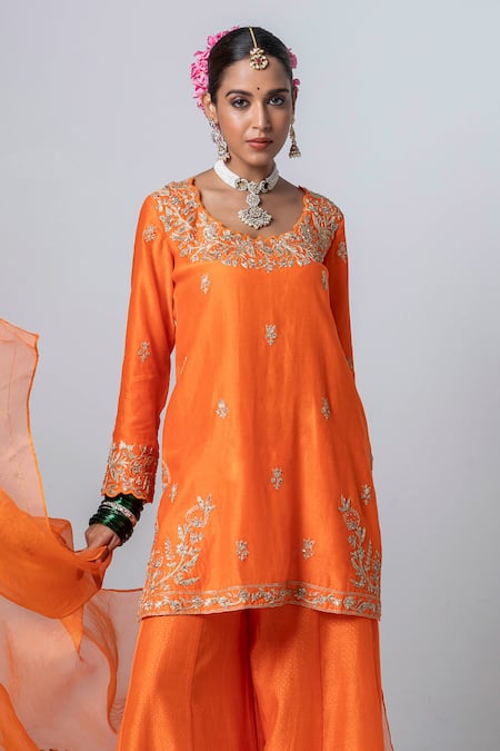 Buy Pants And Pajamas Orange , Chanderi, Organza Embroidery Round Flower Kurta Sharara Set Online at Aza Fashions Buy_Pants And Pajamas_Orange , Chanderi, Organza Embroidery Round Flower Kurta Sharara Set _Online_at_Aza_Fashions