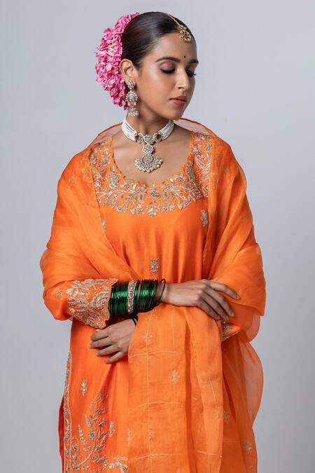 Shop Pants And Pajamas Orange , Chanderi, Organza Embroidery Round Flower Kurta Sharara Set Online at Aza Fashions Shop_Pants And Pajamas_Orange , Chanderi, Organza Embroidery Round Flower Kurta Sharara Set _Online_at_Aza_Fashions