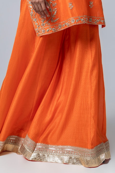 Pants And Pajamas Orange , Chanderi, Organza Embroidery Round Flower Kurta Sharara Set at Aza Fashions Pants And Pajamas_Orange , Chanderi, Organza Embroidery Round Flower Kurta Sharara Set _at_Aza_Fashions