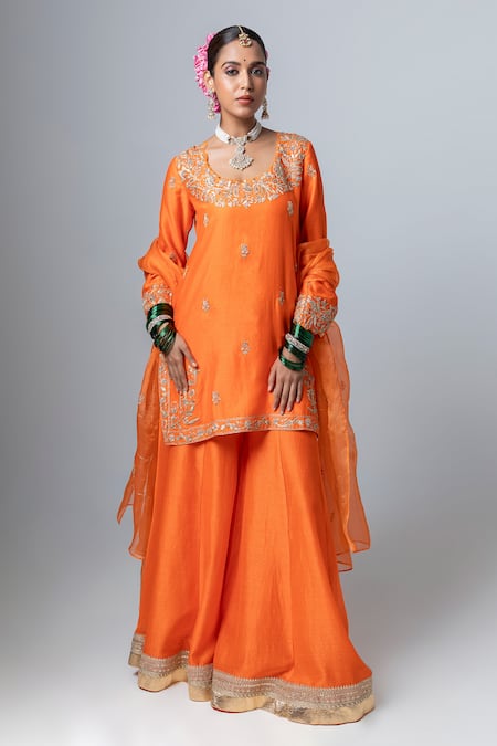 Pants and Pajamas Flower Embroidered Kurta Sharara Set 