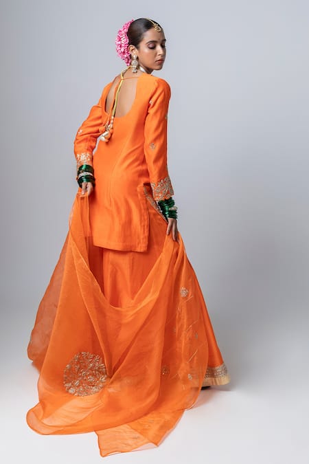 Shop Pants And Pajamas Orange , Chanderi, Organza Embroidery Round Flower Kurta Sharara Set at Aza Fashions Shop_Pants And Pajamas_Orange , Chanderi, Organza Embroidery Round Flower Kurta Sharara Set _at_Aza_Fashions