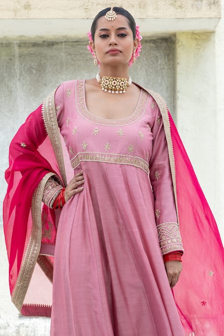 Pants And Pajamas Pink , Chanderi, Organza Sequins, Embroidery Anarkali Churidar Set Online at Aza Fashions Pants And Pajamas_Pink , Chanderi, Organza Sequins, Embroidery Anarkali Churidar Set _Online_at_Aza_Fashions