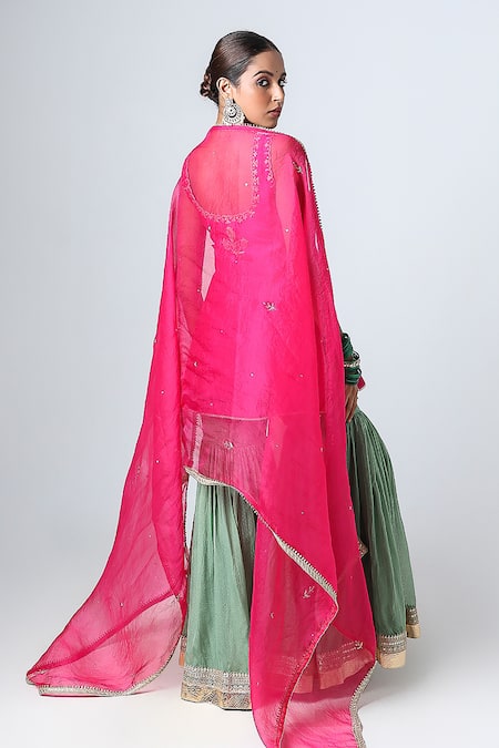 Shop_Pants And Pajamas_Pink , Chanderi, Cotton, Organza Floral Butti Kurta Sharara Set _at_Aza_Fashions