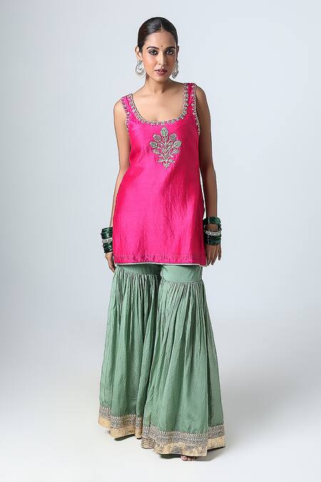 Pants And Pajamas_Pink , Chanderi, Cotton, Organza Floral Butti Kurta Sharara Set _Online_at_Aza_Fashions