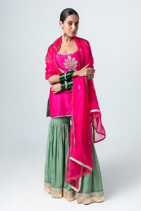 Buy_Pants And Pajamas_Pink , Chanderi, Cotton, Organza Floral Butti Kurta Sharara Set _Online_at_Aza_Fashions