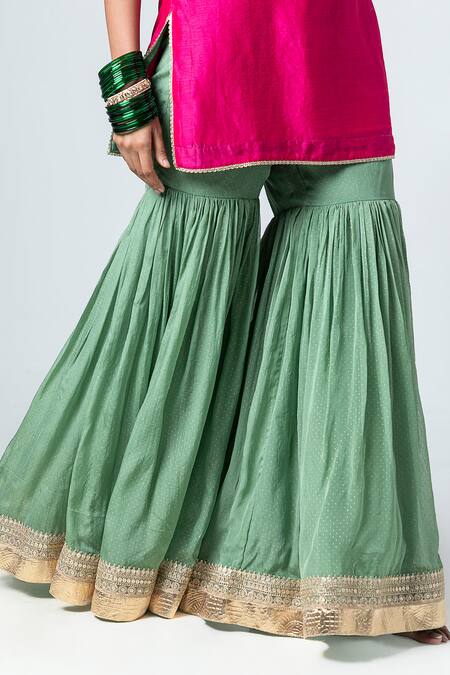 Pants And Pajamas_Pink , Chanderi, Cotton, Organza Floral Butti Kurta Sharara Set _at_Aza_Fashions