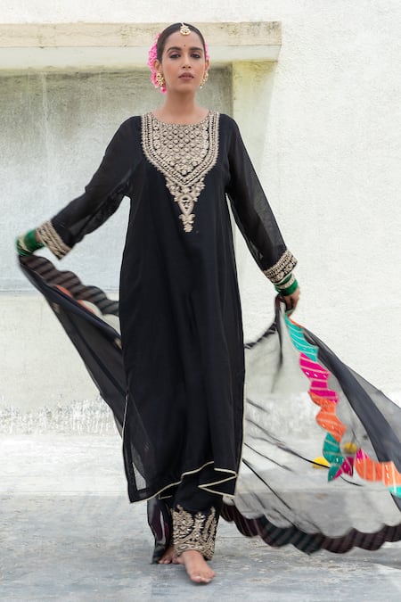 Shop Pants And Pajamas Black Cotton, Silk Embroidery Floral Hem Pant Online at Aza Fashions Shop_Pants And Pajamas_Black Cotton, Silk Embroidery Floral Hem Pant _Online_at_Aza_Fashions