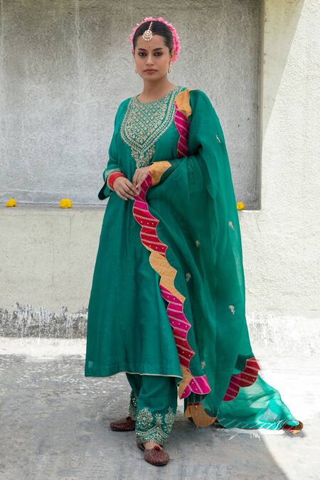 Pants And Pajamas Green Cotton Flower Embroidered Hem Pant Online at Aza Fashions Pants And Pajamas_Green Cotton Flower Embroidered Hem Pant _Online_at_Aza_Fashions